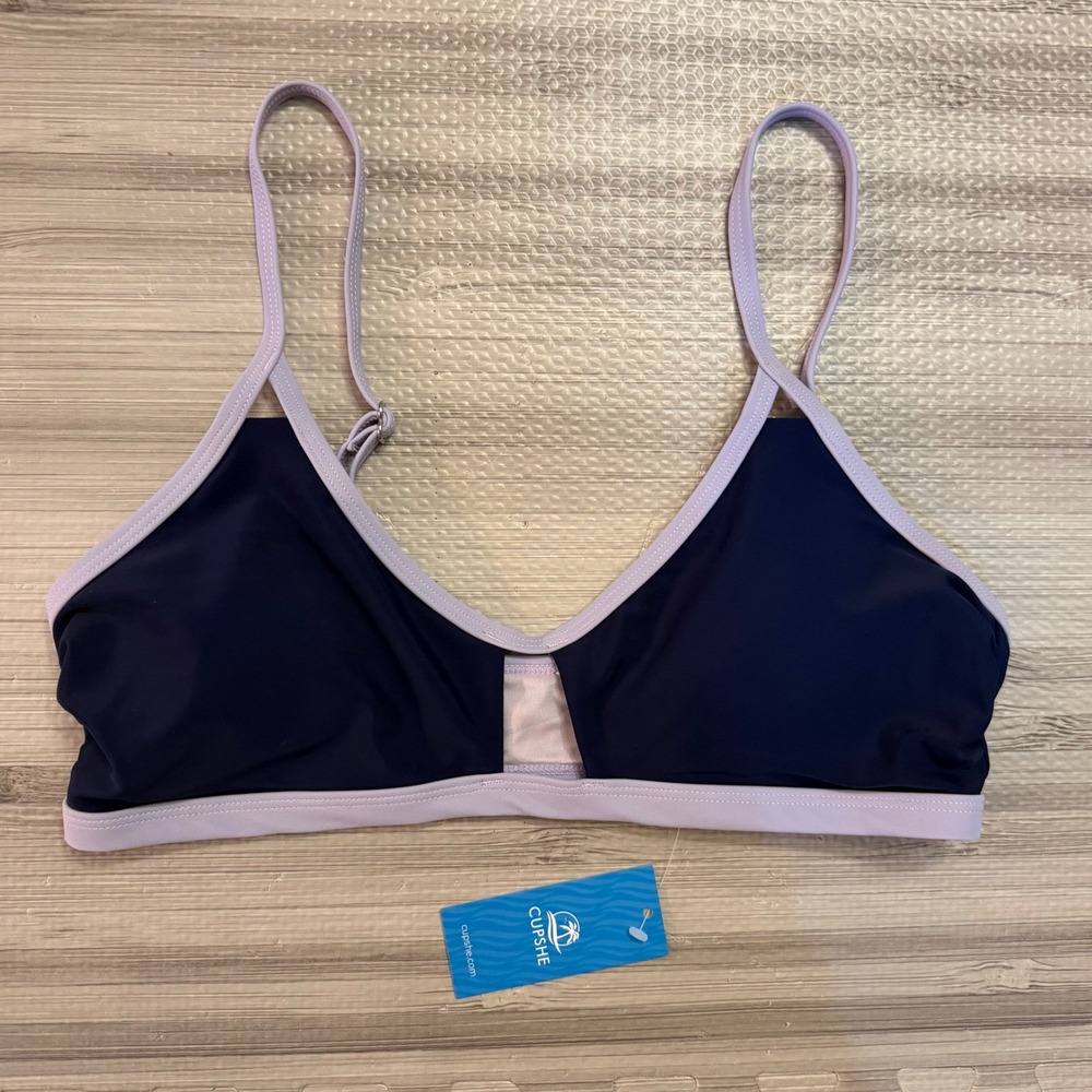 Cupshe Bikini Top Womens Medium Navy Lavender V-Neck Adjustable Cutout